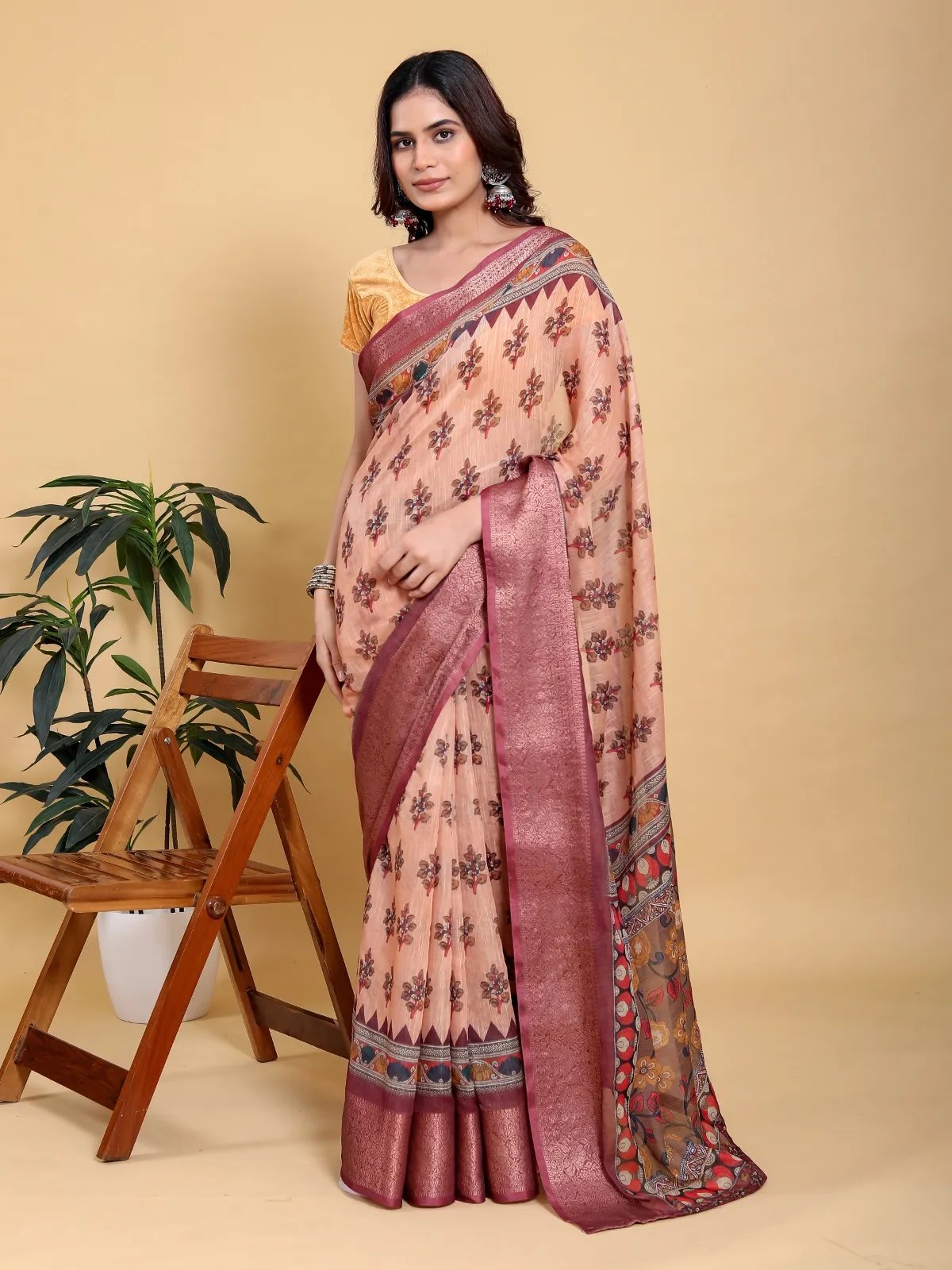 Peach Floral Print Linen Cotton Saree with Maroon Zari Border in Kolkata