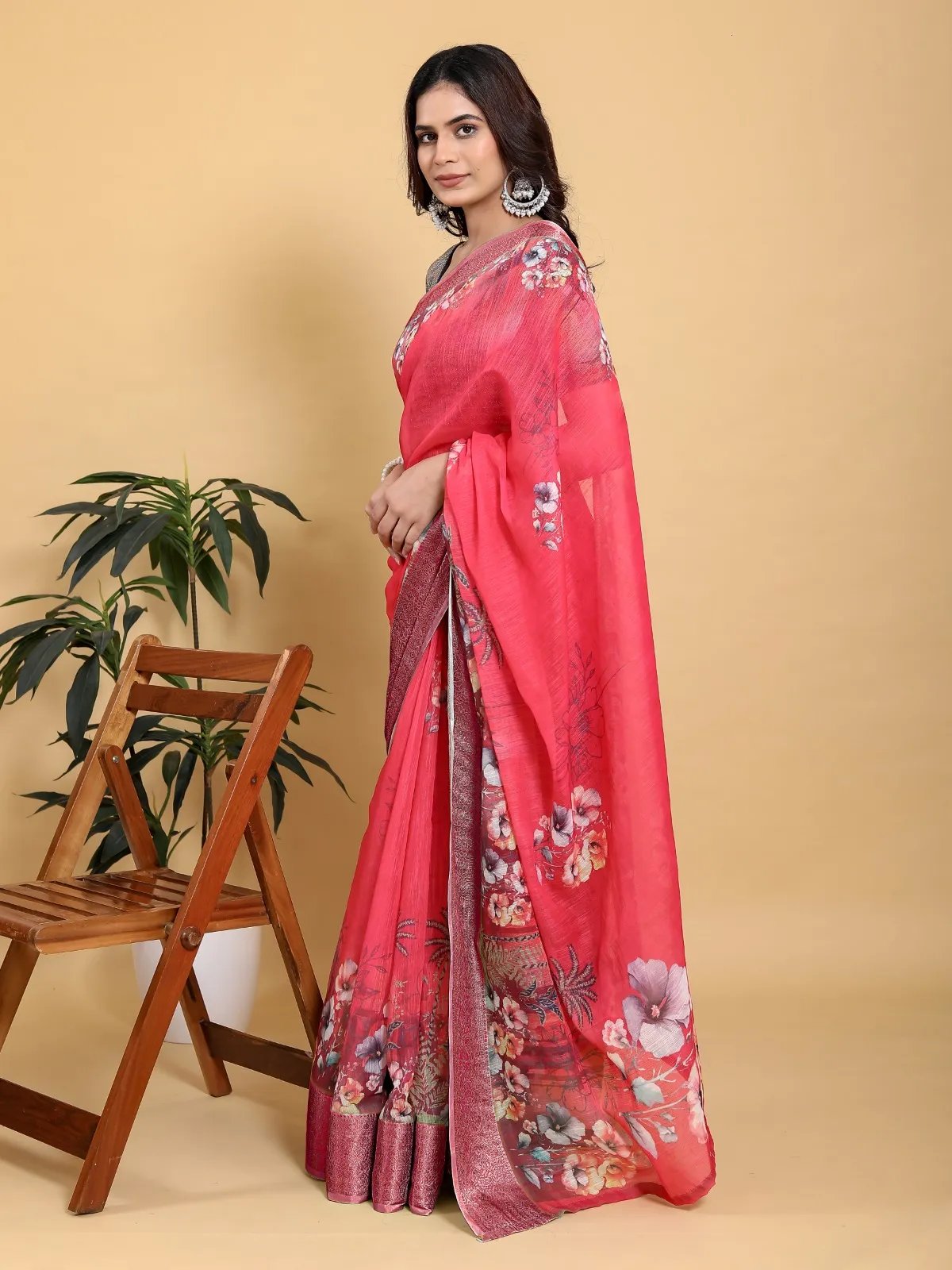 Rani Pink Floral Linen Cotton Saree with Green Zari Border in Kolkata