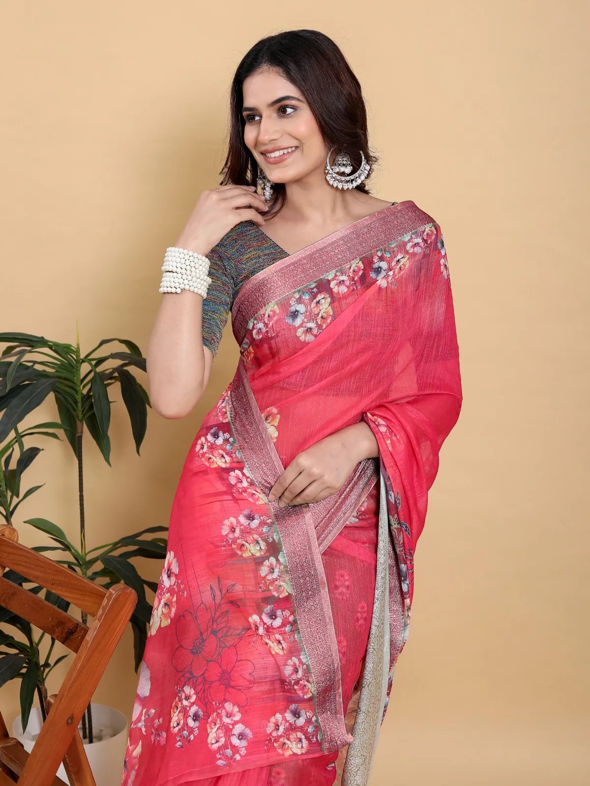 Rani Pink Floral Saree with Contrast Green Zari Border in Kolkata