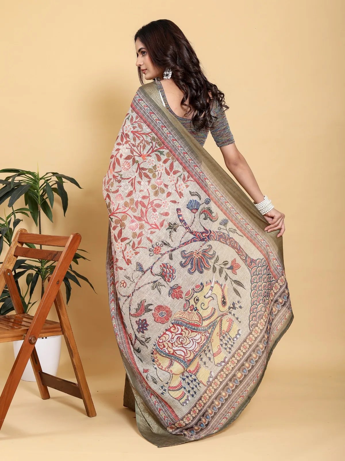 Beige Kalamkari Print Linen Cotton Saree with Zari Border in Kolkata