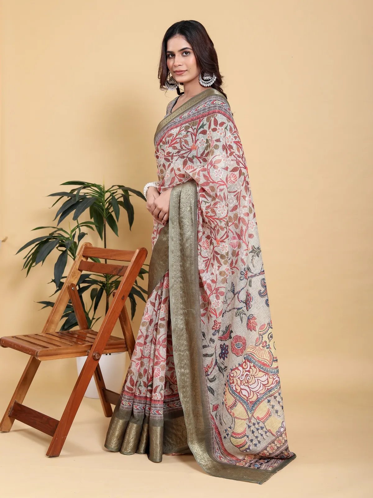 Beige Kalamkari Print Linen Cotton Saree with Zari Border in Kolkata