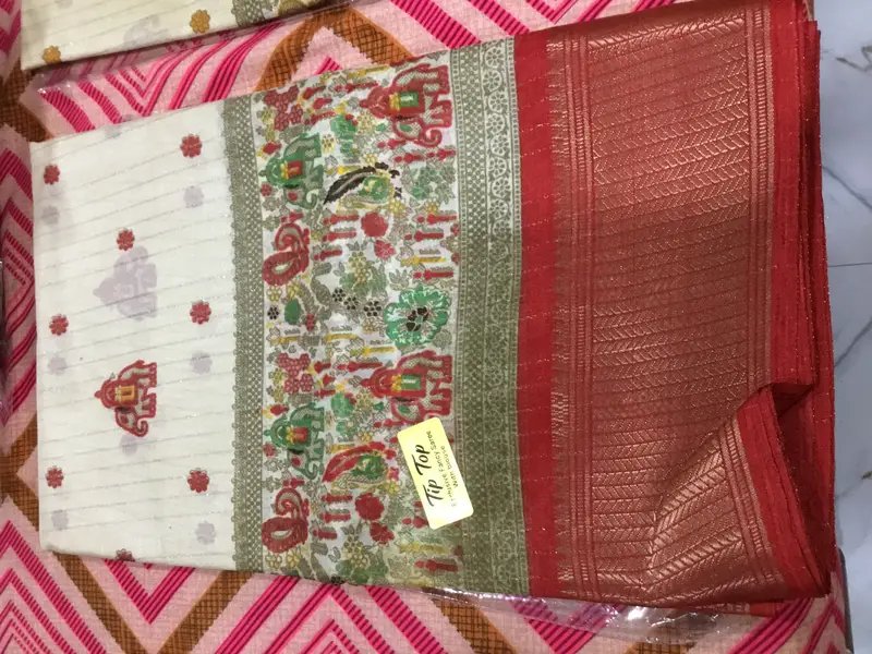 Off-White Vichitra Silk Saree with Zari Lines and Motifs in Hyderabad