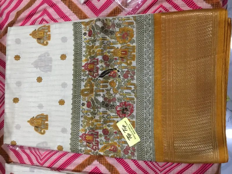 Off-White Vichitra Silk Saree with Zari Lines and Motifs in Hyderabad