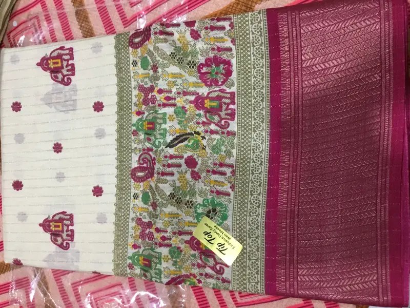 Off-White Vichitra Silk Saree with Zari Lines and Motifs in Hyderabad