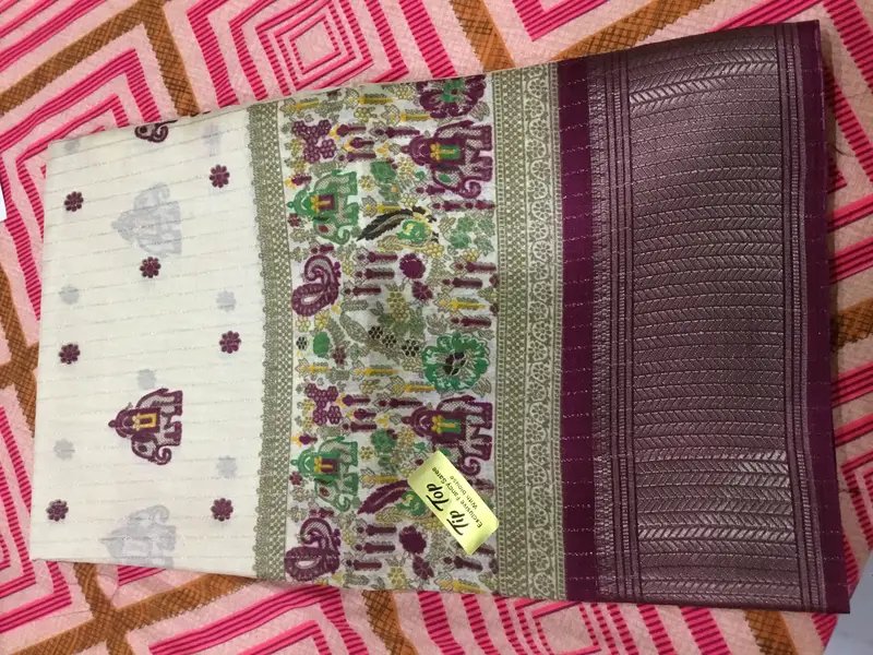 Off-White Vichitra Silk Saree with Zari Lines and Motifs in Hyderabad