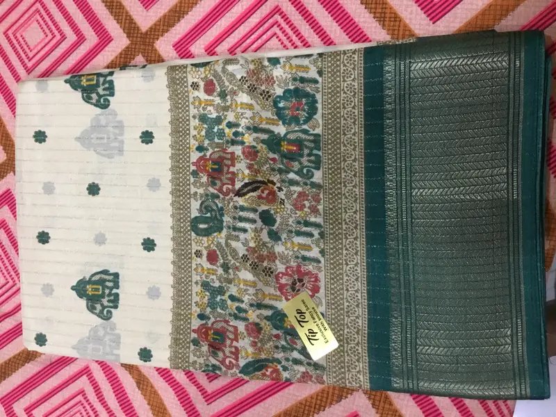 Off-White Vichitra Silk Saree with Zari Lines and Motifs in Hyderabad