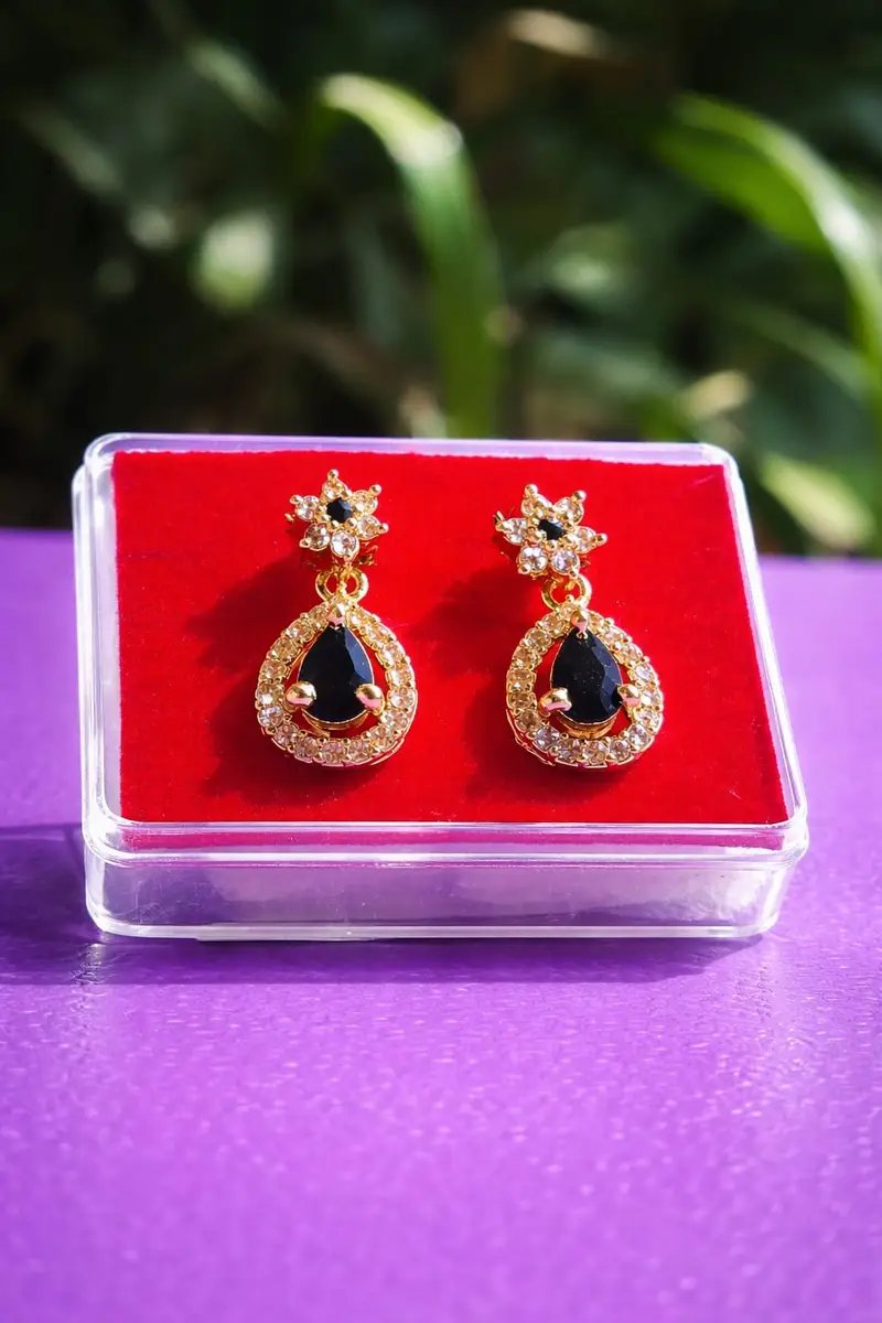 American Diamond Flower Stud Earrings with Black Drop Stone in Hyderabad