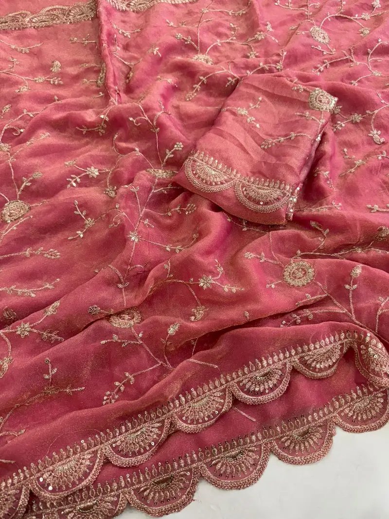 Moss Chiffon Saree with Multi Sequence Embroidery and Blouse in Hyderabad
