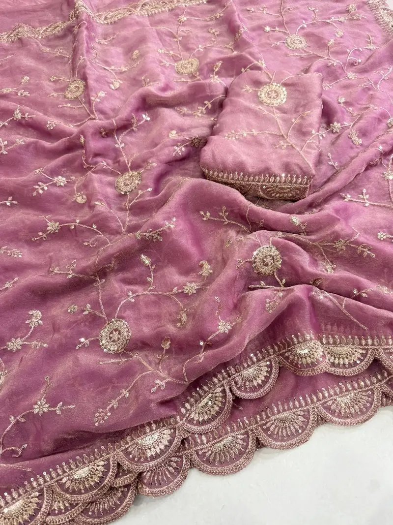 Moss Chiffon Saree with Multi Sequence Embroidery and Blouse in Hyderabad