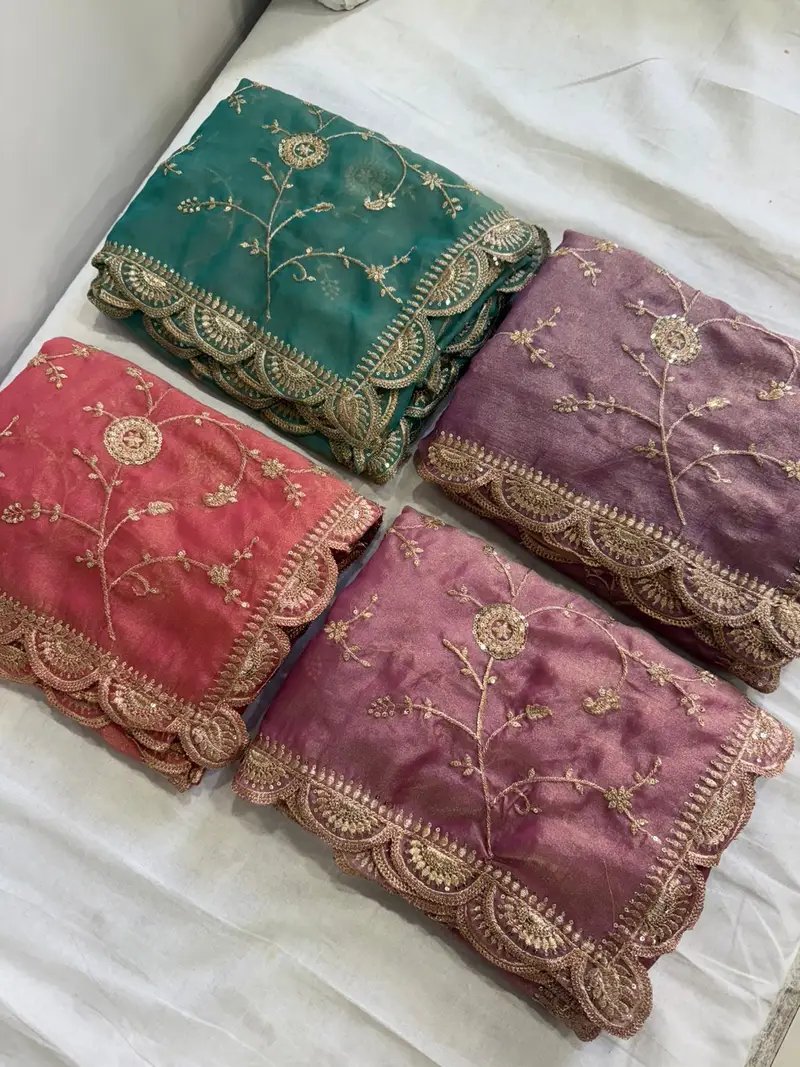 Moss Chiffon Saree with Multi Sequence Embroidery and Blouse in Hyderabad